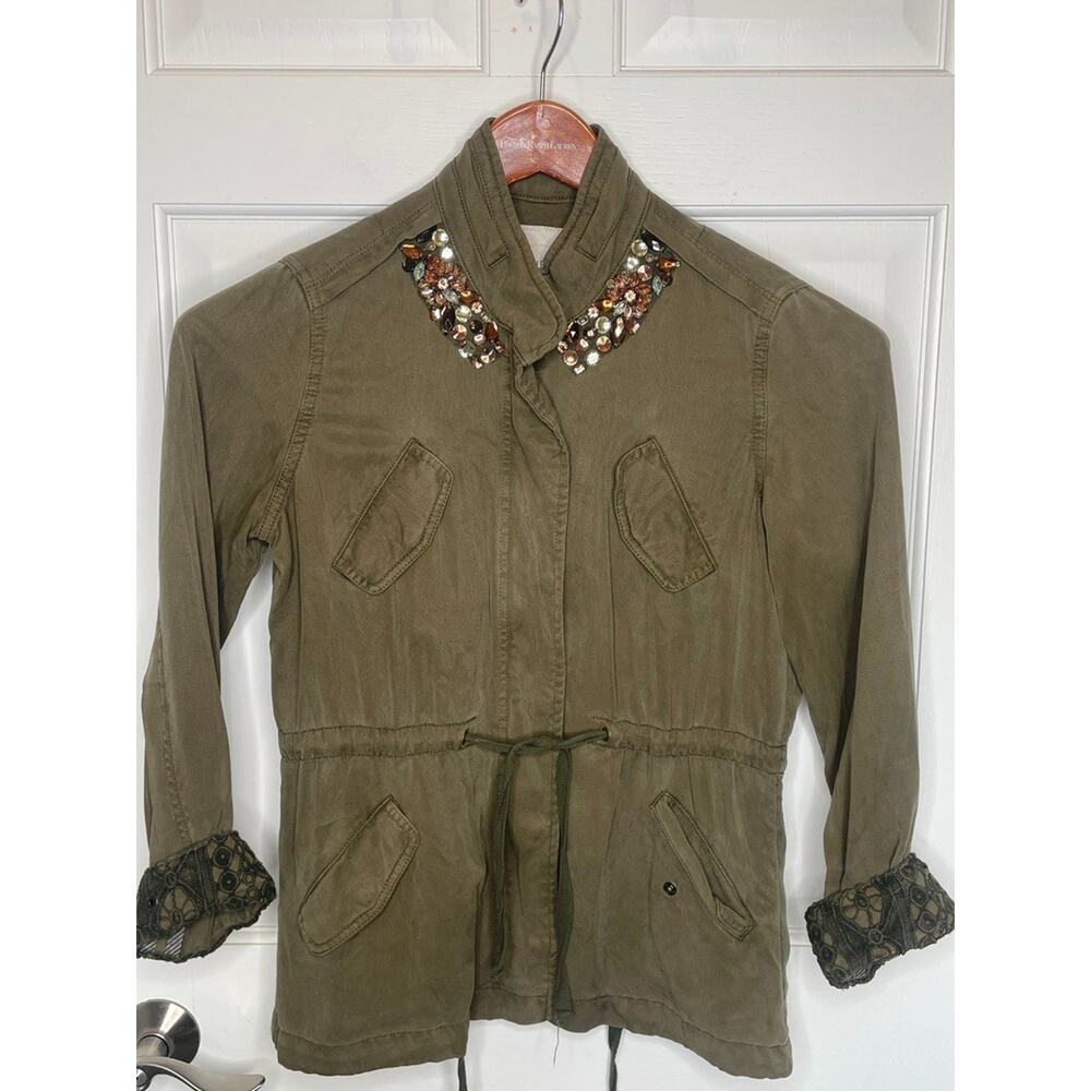 Anthropologie Hei Hei Jeweled Utility Jacket Sz XS Lace Boho Olive Green Cargo